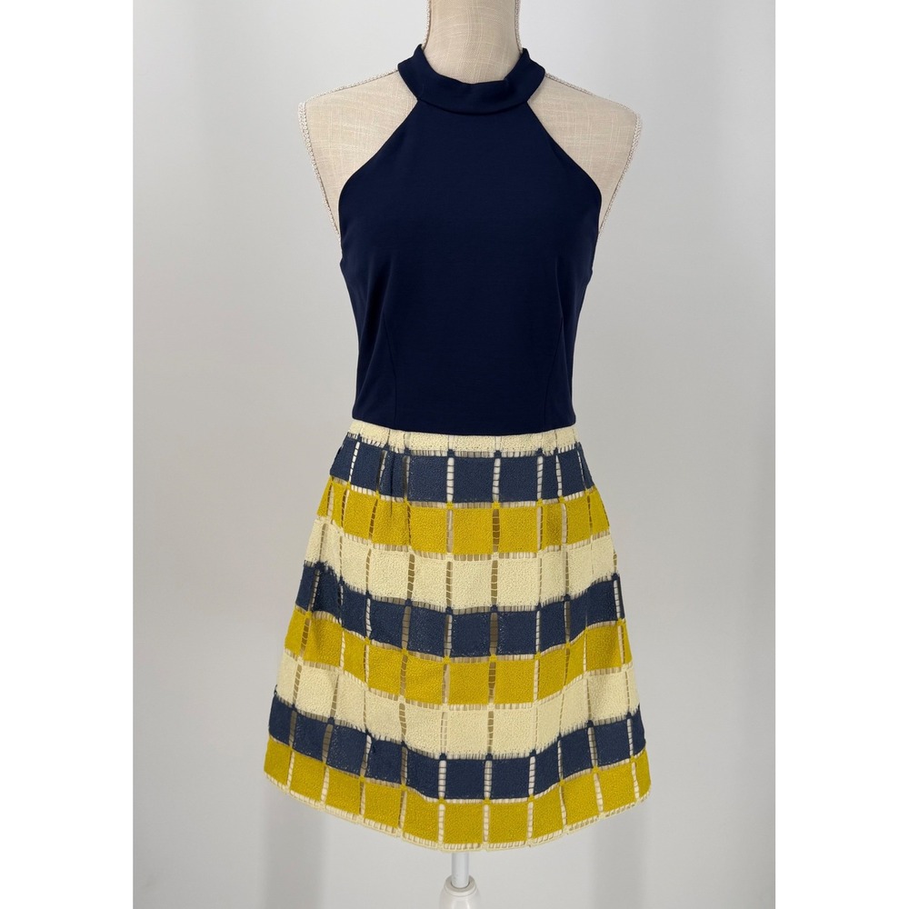 Hutch Halter Mini Dress Navy Blue Yellow Geometric Lattice Woven Skirt Size 4